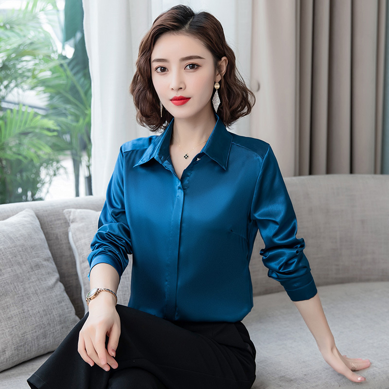 Women's Blouses Shirts Elegant Office Ladies Work Shirt Women Blouse Long Sleeve Lapel Hidden Buttons Bright Basic Satin Silk Women Shirt Female 