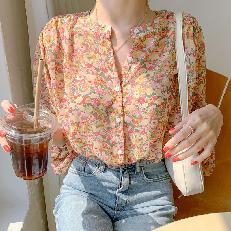 Women's Blouses Shirts Shirts Women Floral Printed Leisure Loose Elegant Chiffon Tops Blouses Trendy Allmatch Temperament Korean Style Retro 2208