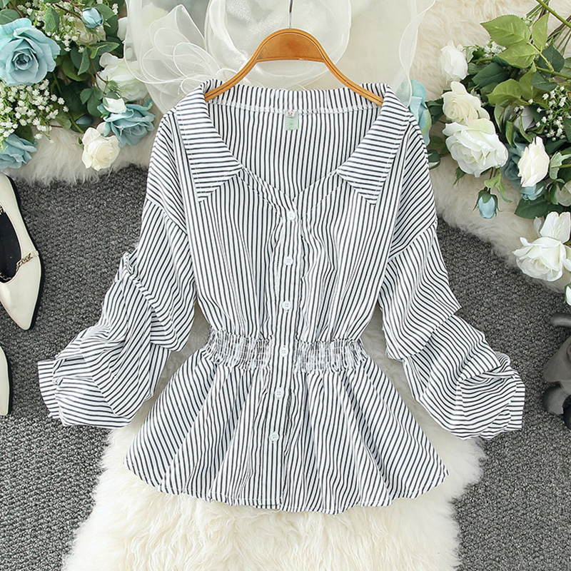 Women's Blouses Shirts stripe blouses Women chiffon longsleeve Tops Fashion Korean shirts Female blouse Spring Autumn princess clothes Vneck 2208