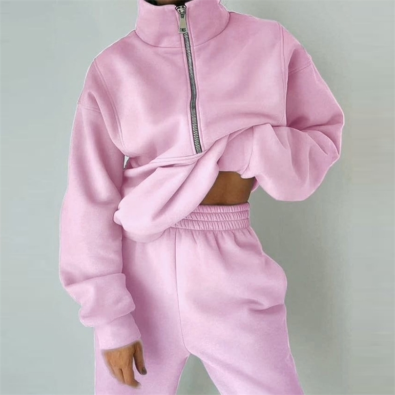 Women's Two Piece Pants Women Fleece Two Piece Set Spring Winter Sports Warm Suit Casual Oversized Polo Zipper Sweatshirts And Trouser Tracksuits