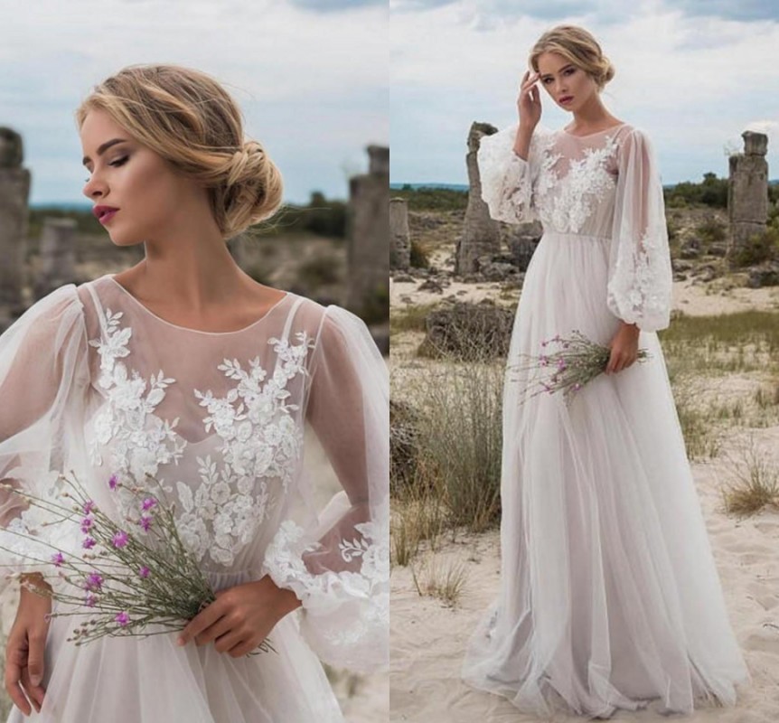 Boho Long Sleeves A Line Wedding Dress 2022 Robe Mariee Vintage Lace Top New Backless Long Sleeve Vestidos De Noiva