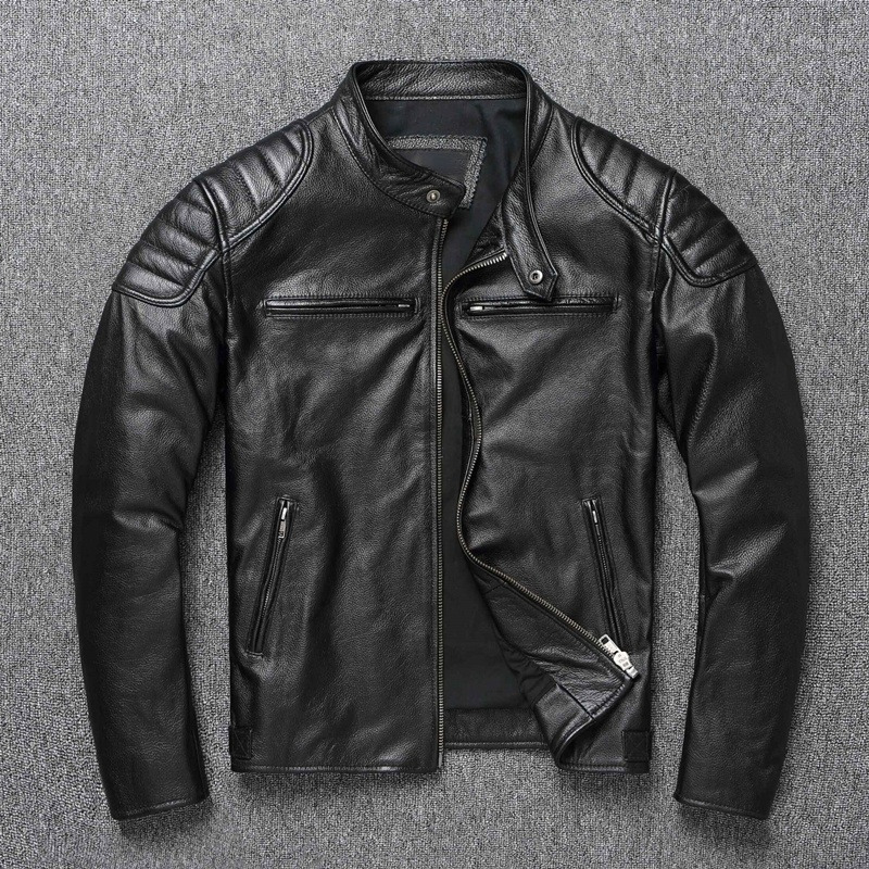 Men's Leather Faux Leather Vintage Yellow Brown Real Cowhide Genuine Leather Jacket Men Motorcycle Coat Mens Biker Clothes Spring Autumn Asian Si