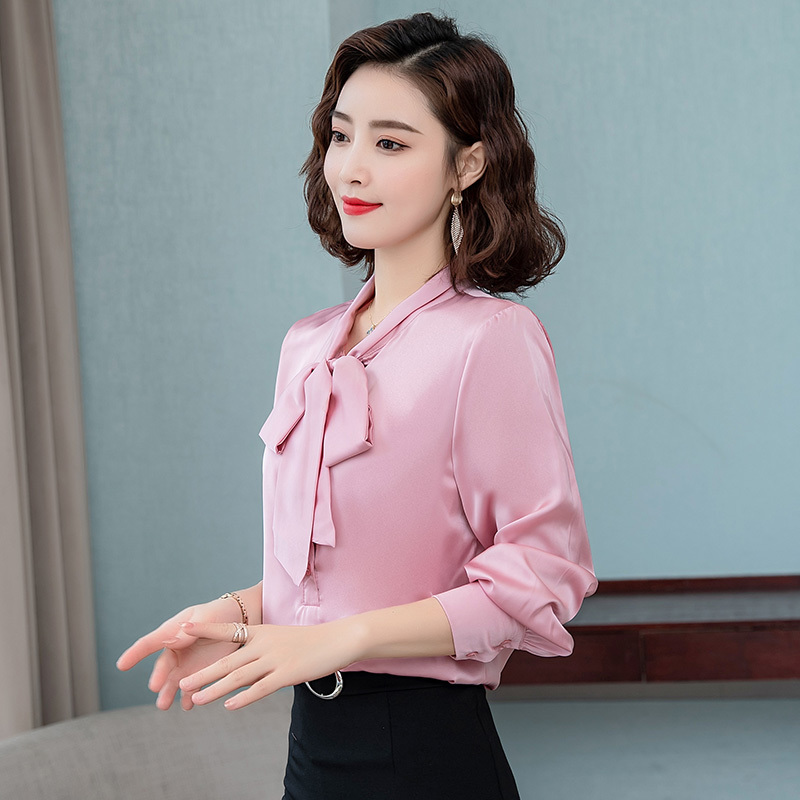 Women's Blouses Shirts Elegant bright color bow satin silk women shirt blouse long sleeve fashion korean office ladies work shirt basic female to