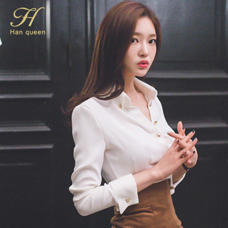 Women's Blouses Shirts H Han Queen Wear To Work Female Blouses Turndown Collar Simple White Shirt Tops Korean Casual Blouse Occupation Women Blus