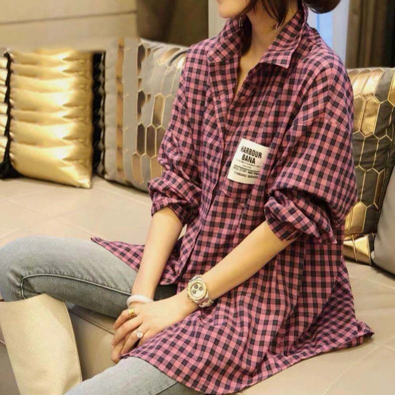 Women's Blouses Shirts Spring Autumn Korea Fashion Women Long Sleeve Plaid Shirts Allmatched Casual Turndown Collar Loose Green Blouses S696 2208