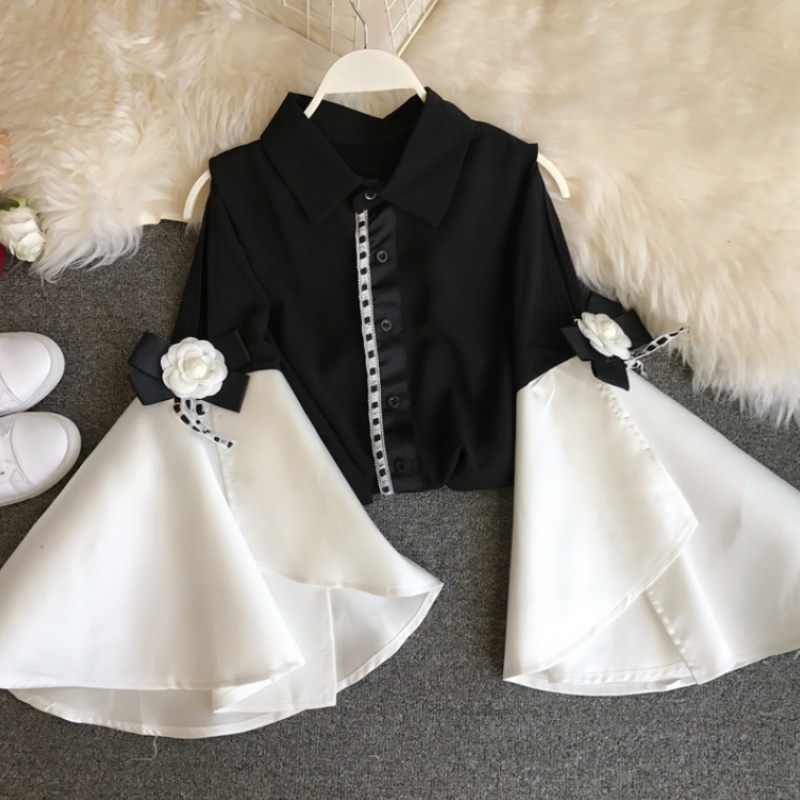 Women's Blouses Shirts Spring Summer Vintage Lapel Strapless Big Flare sleeve Long sleeve Slim Chiffon Shirt 3D Flower Deco Blouse Women 220826