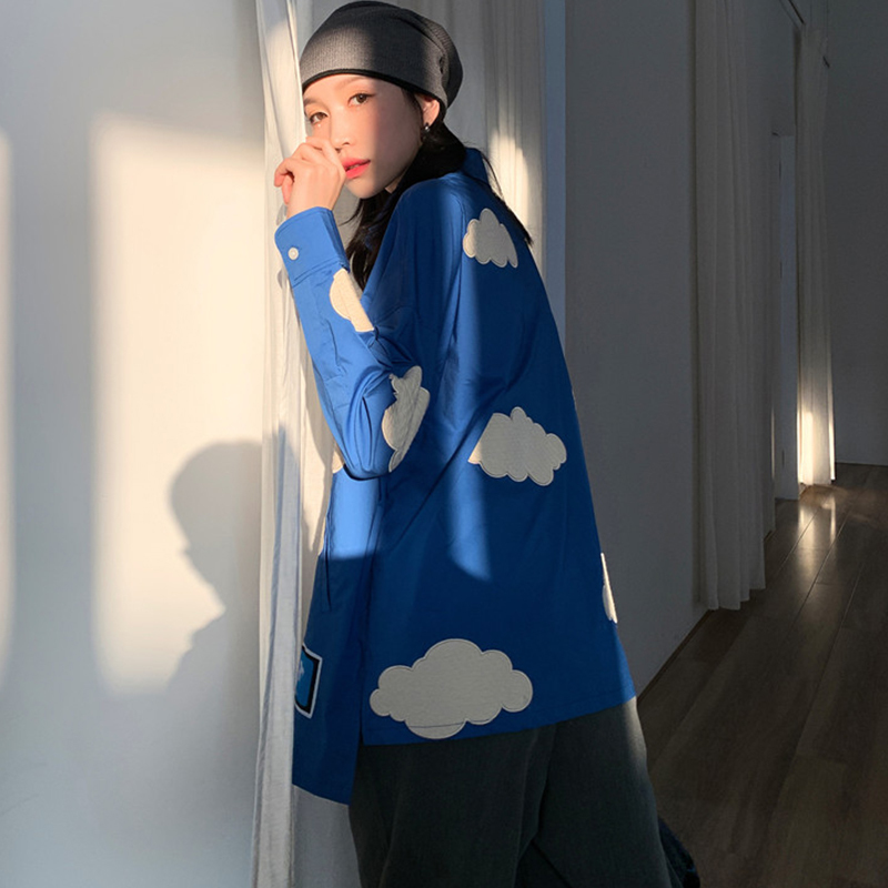 Women's Blouses Shirts Oversized Blue Sky White Clouds embroidery loose shirt Women's blouses Spring Long sleeve Tops Blusas Mujer 220826
