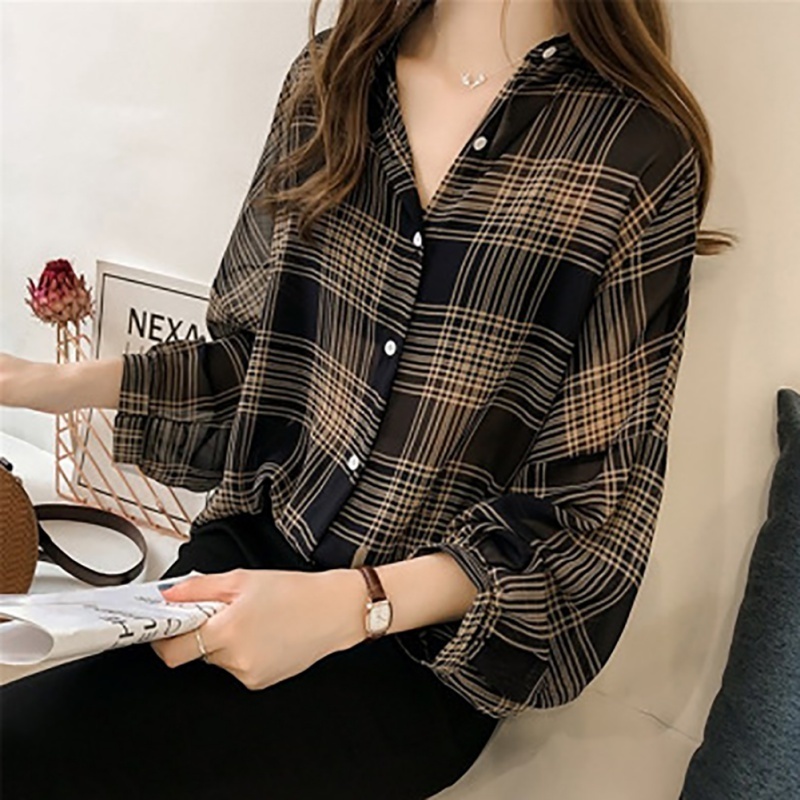 Women's Blouses Shirts Batwing Sleeve Chiffon Blouses Chic Plaid Shirts Women Autumn Casual Chemise Femme Tops Tartan Blusas Mujer Plus Size 2208