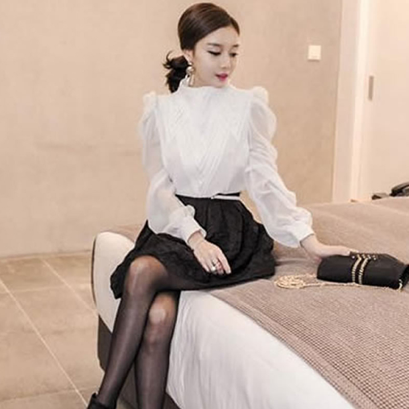 Women's Blouses Shirts Vintage Stand Collar Puff Sleeve Women Shirts Elegant Office Lady White Chiffon Blouse Casual Tops Fashion Blusa Camisa 22