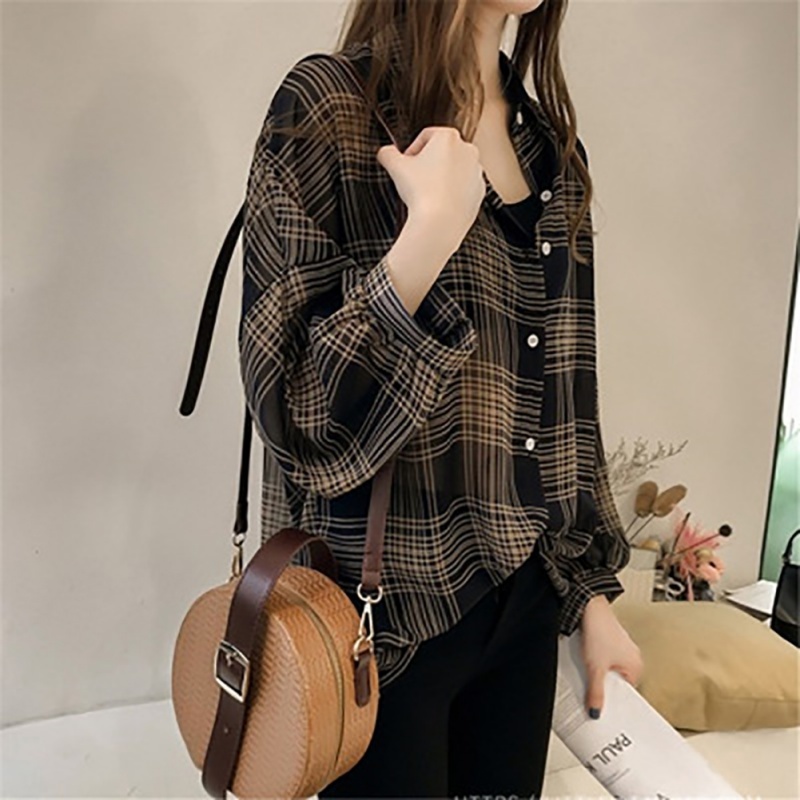 Women's Blouses Shirts Batwing Sleeve Chiffon Blouses Chic Plaid Shirts Women Autumn Casual Chemise Femme Tops Tartan Blusas Mujer Plus Size 2208