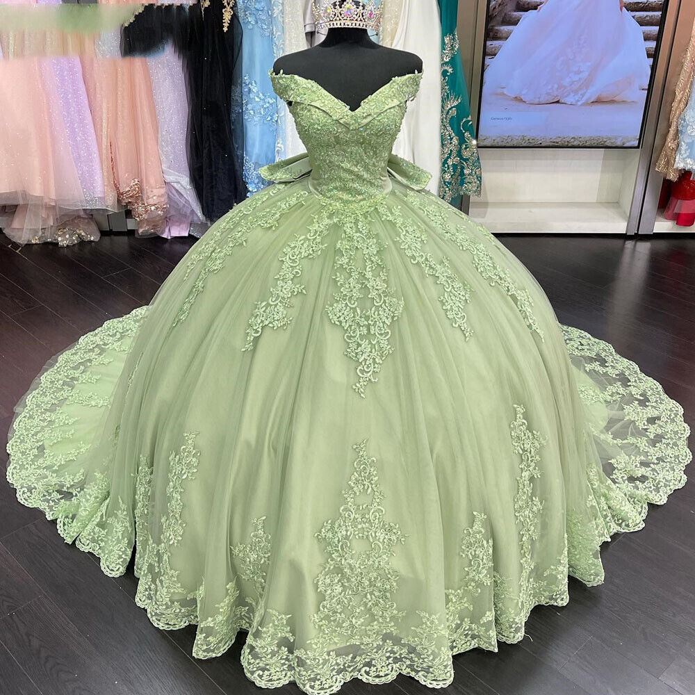 Sage Green Lace Quinceanera Dresses 2022 Ball Gown Sweet 15 Dress With Big Bow Off The Shoulder Corset Prom Dresses Vestido 16 XV Vestidos De 15 Anos 