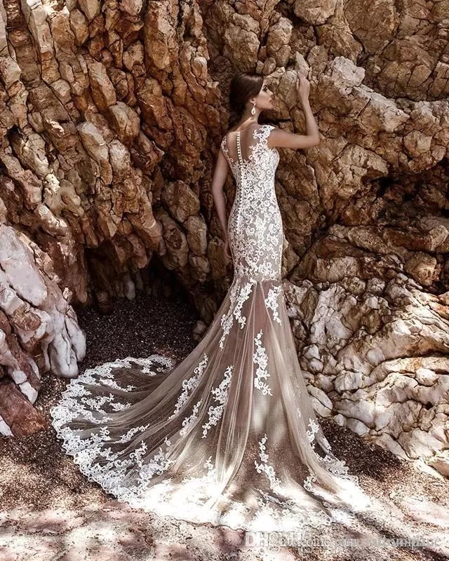 Modest Champagne Mermaid Wedding Dresses with Detachable Skirt White Lace Appliqued Court Train Beach Garden Bridal Gowns BA5359 Free shippi