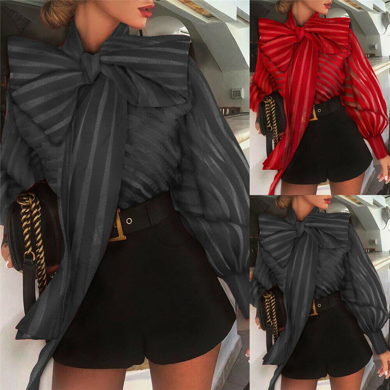 Women's Blouses Shirts Womens Tops Casual Shirt Mesh Long Sleeve Lantern Sleeve Big Bow Striped Tops Formal Blouse Shirts Office Lady Blouse 2208