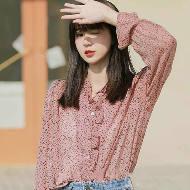 Women's Blouses Shirts Blouses Women Chiffon Ruched Floral Single Breasted Flare Sleeve Gentle Sweet Casual Girls Korean Style Daily Shirts Femal