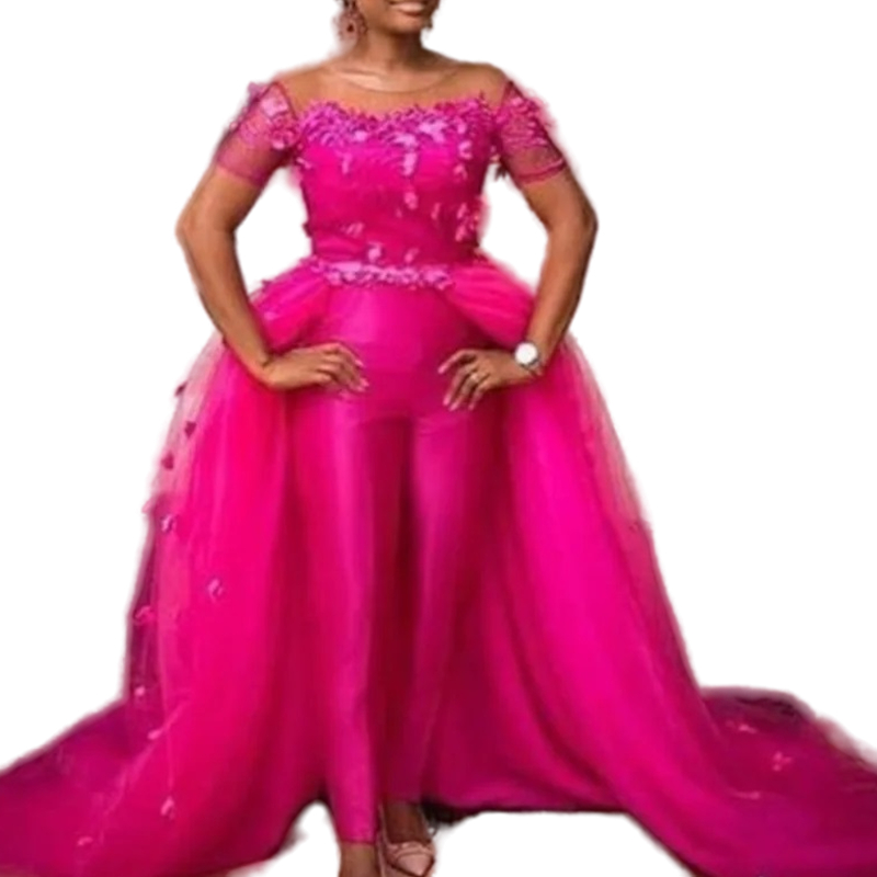 Aso Ebi African Fuchsia Prom Jumpsuits Dresses Evening Wear Detachable Train 3D Floral Lace Appliques Short Sleeve Special Occasion Gowns For Women 20
