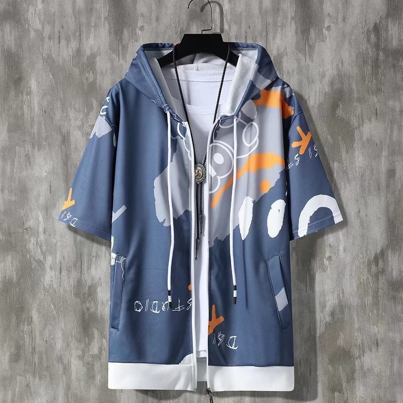 Men's Hoodies Sweatshirts Summer Men's Hoodies Korean Fashion Harajuku Streetwear Short Sleeve Hoodie Men Casual Men Clothing Hooded Zipper 