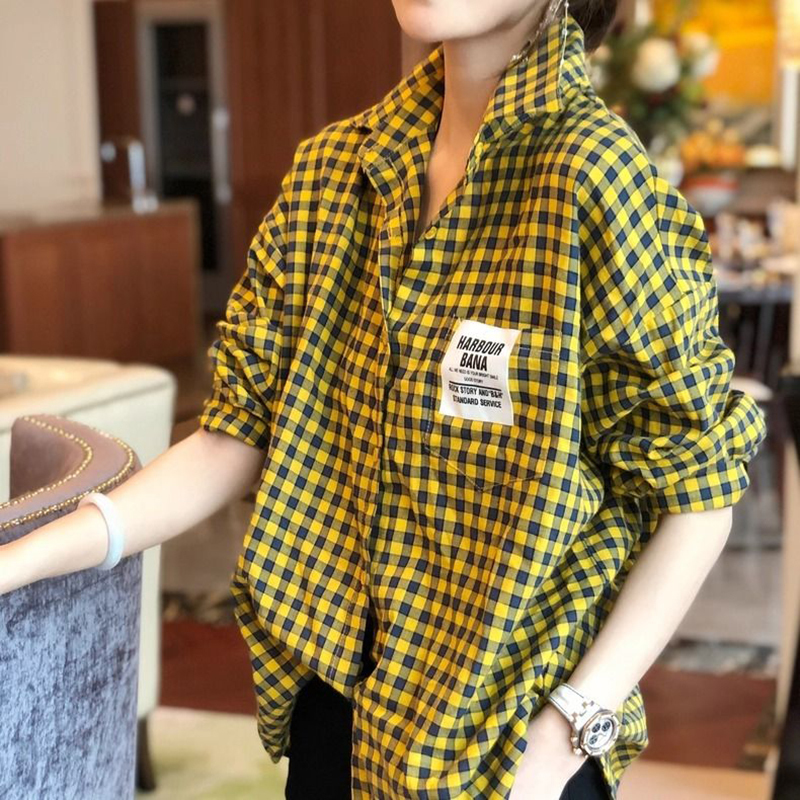 Women's Blouses Shirts Spring Autumn Korea Fashion Women Long Sleeve Plaid Shirts Allmatched Casual Turndown Collar Loose Green Blouses S696 2208