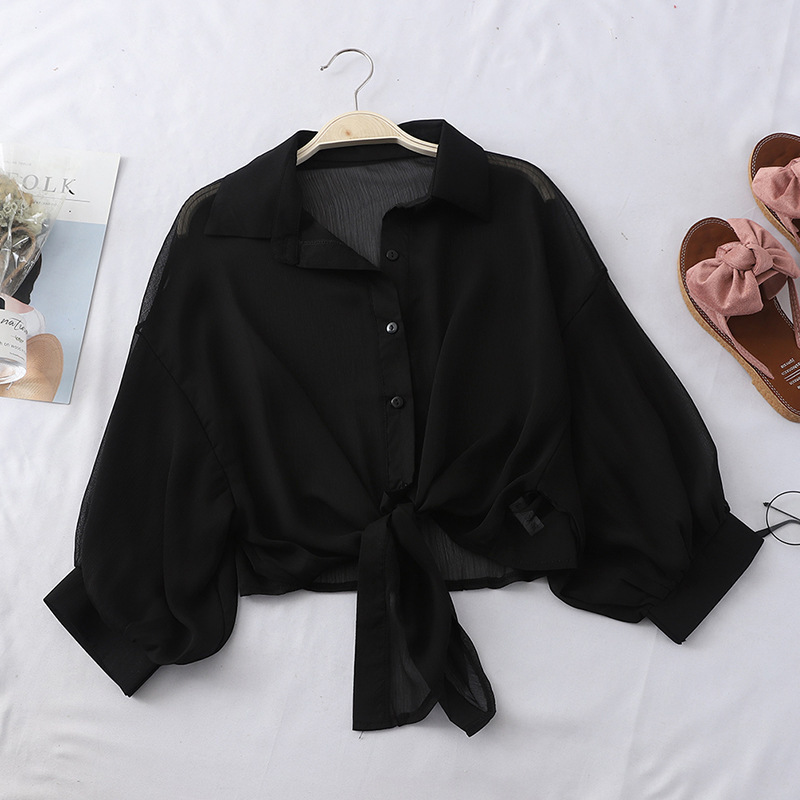 Women's Blouses Shirts Chiffon Shirts Women Summer Half Sleeve Buttoned Up Shirt Loose Casual Blouse Tied Waist Elegant Blouses For Women 220826