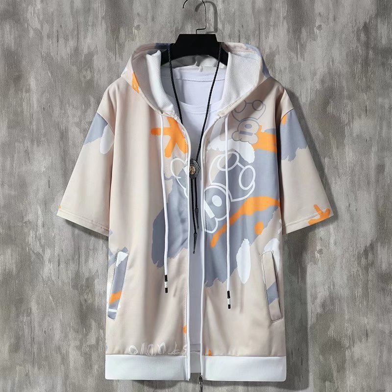 Men's Hoodies Sweatshirts Summer Men's Hoodies Korean Fashion Harajuku Streetwear Short Sleeve Hoodie Men Casual Men Clothing Hooded Zipper 