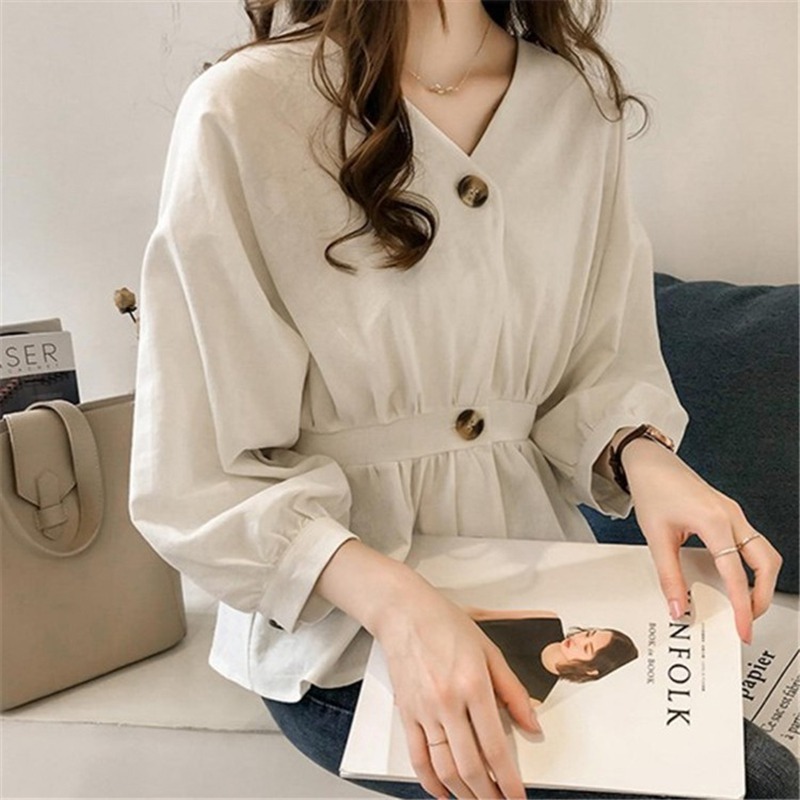 Women's Blouses Shirts Fashion Woman Sexy V Neck Blouses Ladies Elegant Long Sleeve Slim Button Shirt Autumn Kimono Ruffled Hem Shirts 220826
