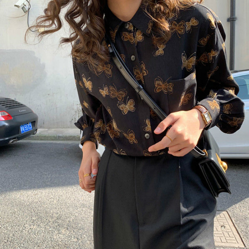 Women's Blouses Shirts Shirts Women Loose Print Long Sleeve Vintage Creativity Korean Style Streetwear Stylish Chic Feminino Blouses Allmatch 220