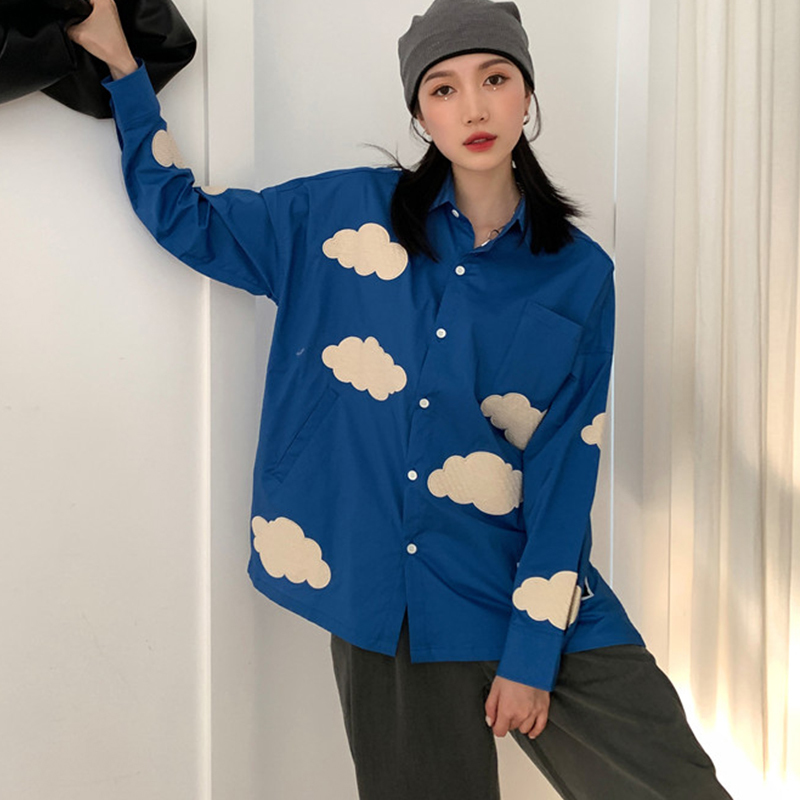 Women's Blouses Shirts Oversized Blue Sky White Clouds embroidery loose shirt Women's blouses Spring Long sleeve Tops Blusas Mujer 220826