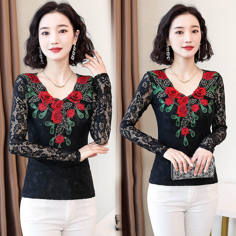 Women's Blouses Shirts Black Lace Top Blouse Long Sleeve Top Plus Size Women Shirt Elegant Embroidery Hollow out Slim Autumn 220826