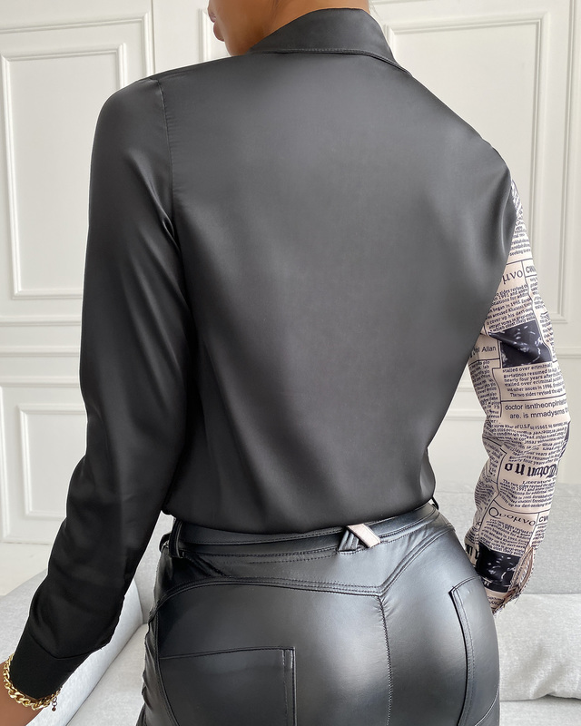 Women's Blouses Shirts Women Spring Casual Letter Print Long Sleeve Buttoned Up Shirt Autumn Elegant Workwear Turndown Collar Blouse Asymmetric 2