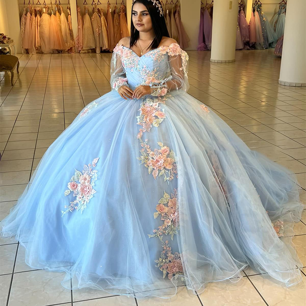 Flowers Pink Blue Princess Quinceanera Dresses 2022 Long Sleeves Tulle Prom Dress Beaded Sweet 15 Dress Elegant Robes XV Vestidos De 15 Anos Robe Bal 