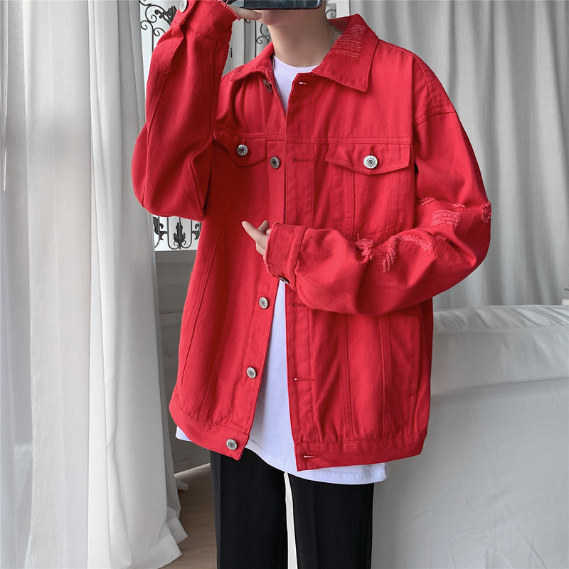 Men's Jackets Spring Autumn Men's Jean Jacket Slim Fit Cotton Denim Jacket Red White Black Ripped Hole Jean Coats Men Outwear Plus size 2208