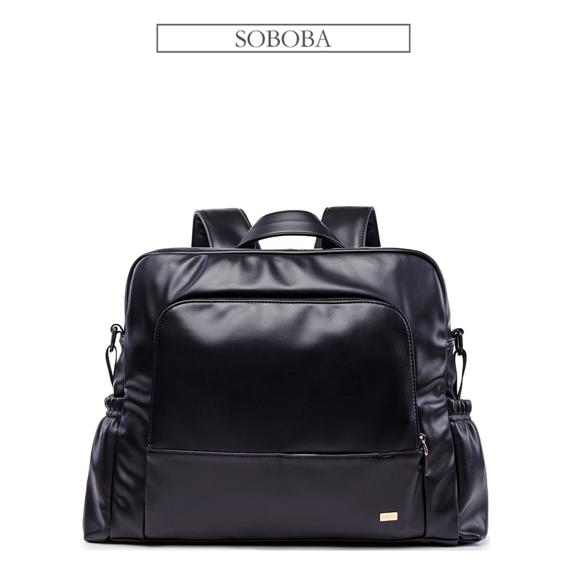 Diaper Bags Soboba Waterproof Black Diaper Bag Smooth Leather Larege Capacity Nursing Changing Backpack for born Baby with 2 Straps 220826