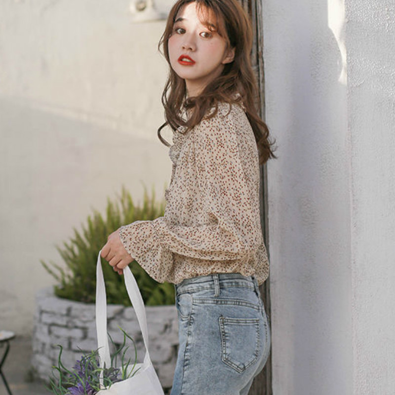 Women's Blouses Shirts Blouses Women Chiffon Ruched Floral Single Breasted Flare Sleeve Gentle Sweet Casual Girls Korean Style Daily Shirts Femal