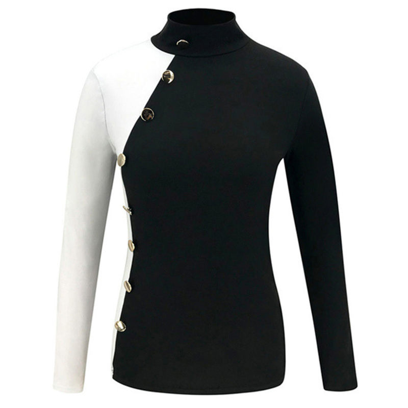 Women's Blouses Shirts Trendy Women Turtle Neck Long Sleeve Color Block Buttons Decor Pullover Blouse Spring Summer Blouse Women Long Sleeve Shir