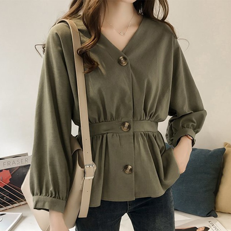 Women's Blouses Shirts Fashion Woman Sexy V Neck Blouses Ladies Elegant Long Sleeve Slim Button Shirt Autumn Kimono Ruffled Hem Shirts 220826