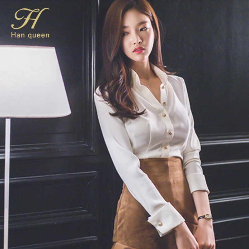 Women's Blouses Shirts H Han Queen Wear To Work Female Blouses Turndown Collar Simple White Shirt Tops Korean Casual Blouse Occupation Women Blus
