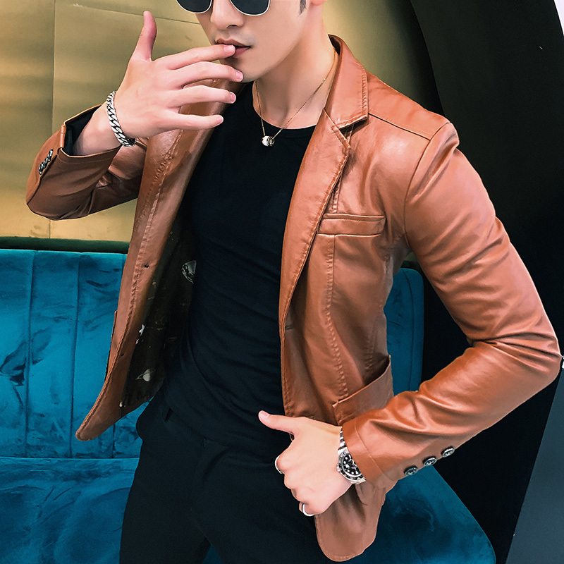 Men's Leather Faux Dress Suit Coat men's jackets Business leather Pu Blazers Korean style slim thin trend 220826