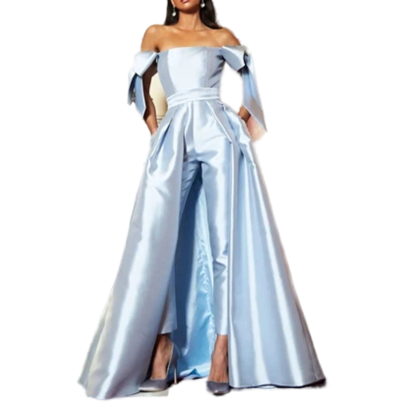 Elegant Light Sky Blue Evening Dresses Bow Off Shoulder Women Jumpsuits With Detachable Skirt Simple Party Prom Gowns 2022 Special Occasion Wear