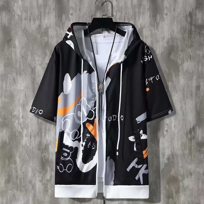Men's Hoodies Sweatshirts Summer Men's Hoodies Korean Fashion Harajuku Streetwear Short Sleeve Hoodie Men Casual Men Clothing Hooded Zipper 