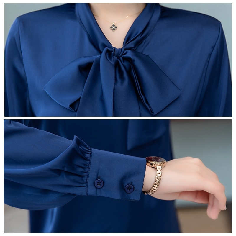 Women's Blouses Shirts Elegant bright color bow satin silk women shirt blouse long sleeve fashion korean office ladies work shirt basic female to