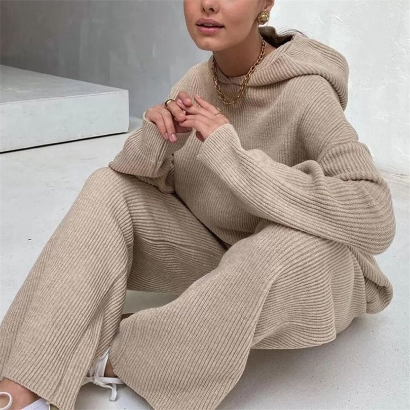 Women's Two Piece Pants Women Solid Knitt Sweater Sets Casual O Neck And Drawstring Wide Leg Pant Suit Autumn Winter Long Sleeve Homewear Loose O