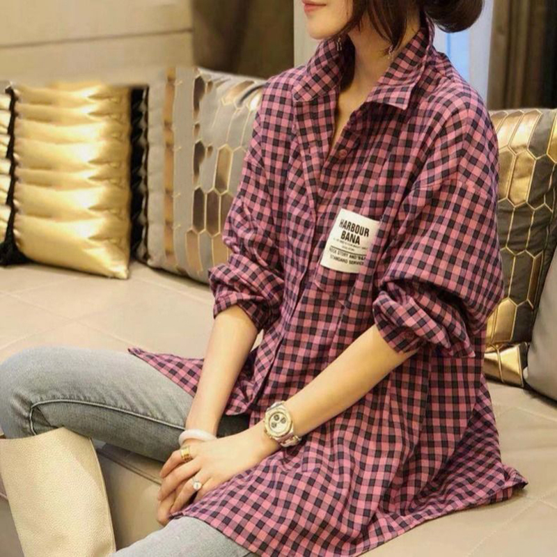 Women's Blouses Shirts Spring Autumn Korea Fashion Women Long Sleeve Plaid Shirts Allmatched Casual Turndown Collar Loose Green Blouses S696 2208