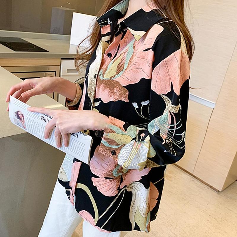 Women's Blouses Shirts Women Fashion Print Retro Flower Shirt Loose Blouses Shirt LongSleeve Turn Down Collar Singlebreasted Floral Print Shirt B