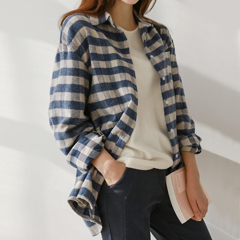 Women's Blouses Shirts Arrival Spring Fashion Women Long Sleeve Shirt Preppy Style Turndown Collar Loose Plaid Blouse Casual Ladies Tops D222 220