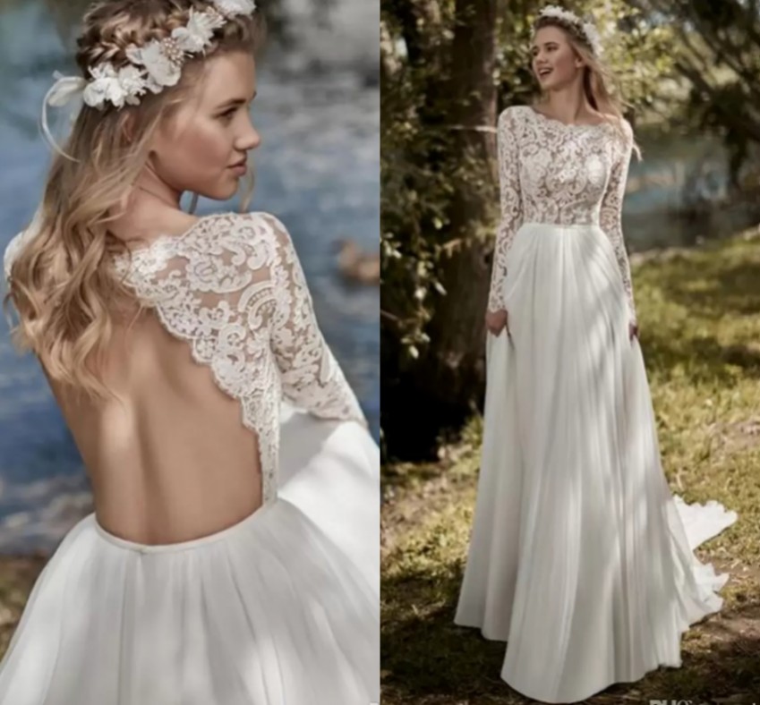New Boho Long Sleeves A Line Wedding Dress 2022 Robe Mariee Vintage Lace Top Chiffon Backless Long Sleeve Vestidos De Noiva