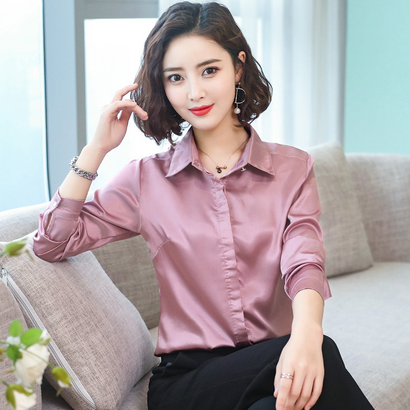 Women's Blouses Shirts Elegant Office Ladies Work Shirt Women Blouse Long Sleeve Lapel Hidden Buttons Bright Basic Satin Silk Women Shirt Female 