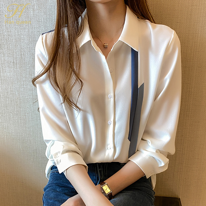 Women's Blouses Shirts H Han Queen Blouse Women Spring Autumn Single Breasted Turndown Collar Shirts Office Work Blouse Chiffon Vintage Loose Top