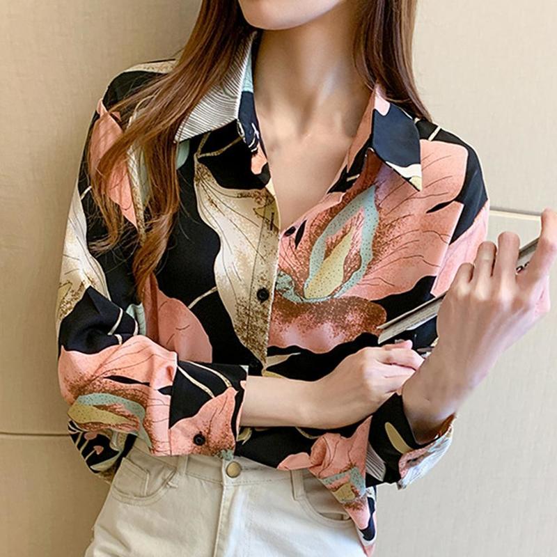 Women's Blouses Shirts Women Fashion Print Retro Flower Shirt Loose Blouses Shirt LongSleeve Turn Down Collar Singlebreasted Floral Print Shirt B