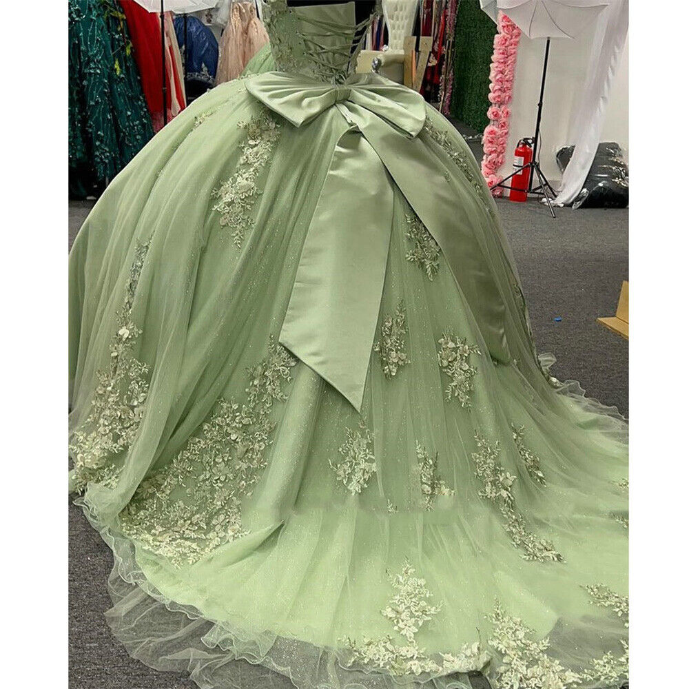 Sage Green Lace Quinceanera Dresses 2022 Ball Gown Sweet 15 Dress With Big Bow Off The Shoulder Corset Prom Dresses Vestido 16 XV Vestidos De 15 Anos 