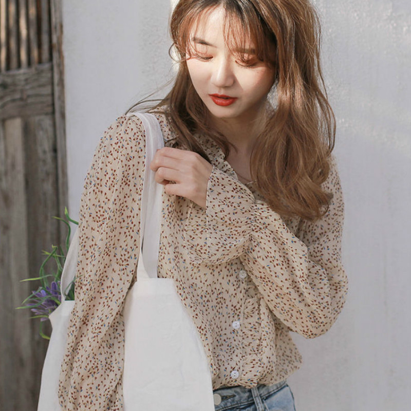 Women's Blouses Shirts Blouses Women Chiffon Ruched Floral Single Breasted Flare Sleeve Gentle Sweet Casual Girls Korean Style Daily Shirts Femal