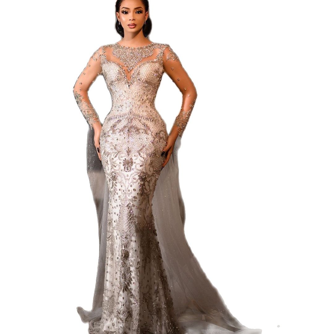 Vintage Dubai Mermaid Wedding Dress Beading Lace Sheer Neck Long Sleeve Sequins Bridal Gowns 0505